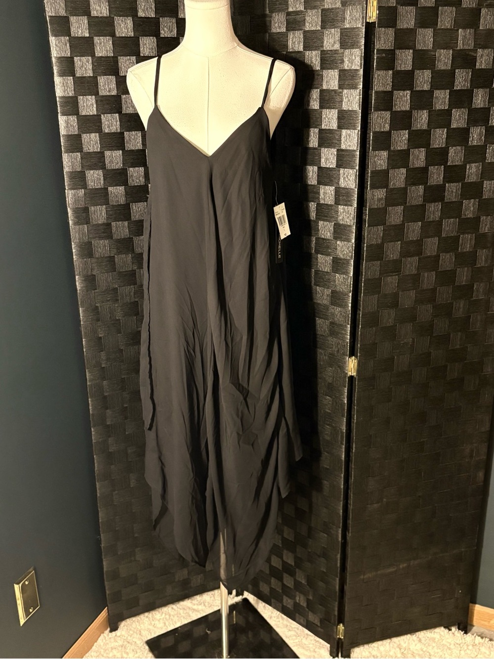 My Michelle Black Draped Asymmetrical Flowy Maxi Dress Whimsigoth
